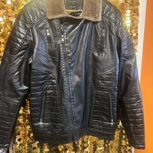 Collection B Black Leather Jacket with Brown Collar